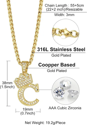 Vista 4 de Richsteel Collar con inicial para hombre, chapado en oro de 18 quilates, corona brillante con circonita cúbica, monograma, colgante para mujer