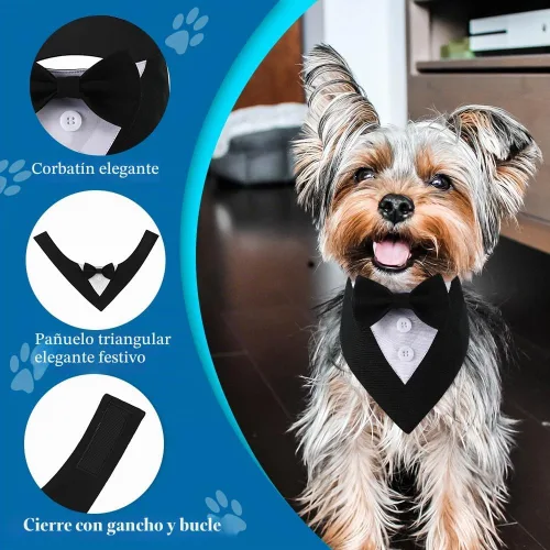Vista 2 de Bandana de esmoquin, collar ajustable para mascotas con lazo para perros pequeños, medianos y grandes, ropa formal de boda, regalos de cumpleaños