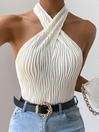Vista 3 de GORGLITTER Camiseta sin mangas con textura cruzada y cuello halter para mujer