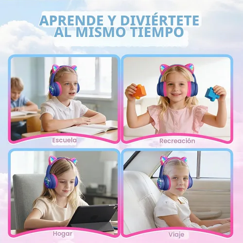 Vista 8 de IFECCO - Auriculares inalámbricos para niños con funda, linda oreja de gato con luz LED, tiempo de reproducción de 50 horas, volumen seguro