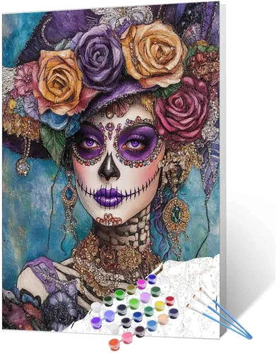 Vista 15 de Tucocoo Decoración del Día de los Muertos, pintura por números, esqueleto para parejas, pintura por números sobre lienzo con pinceles y pigmento