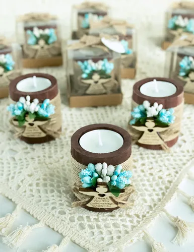 Vista 3 de Ju's Favors Juego de 10 portavelas de madera para recuerdos de bautismo para invitados, recuerdos de fiesta de baby shower (marrón oscuro - azul)
