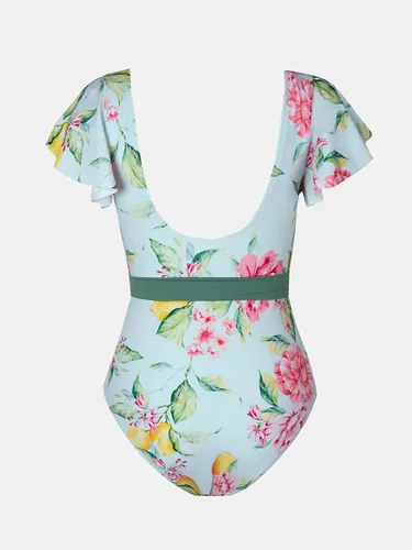 Vista 7 de CUPSHE Traje de baño de una pieza con cuello en V para mujer, estampado floral, con lazo en la cintura extraído