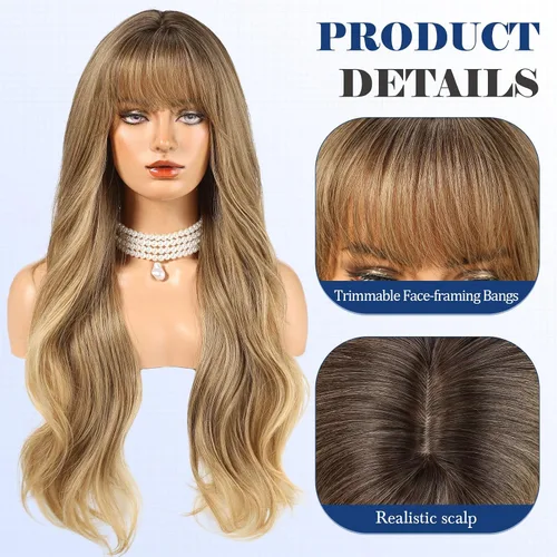 Vista 2 de HAIRCUBE Peluca larga rubia mezclada con marrón con flequillo, pelucas rizadas en capas para mujeres, pelucas sintéticas naturales para uso diario