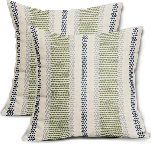 Vista 35 de Juego de 2 fundas de almohada negras y azules con rayas de puntos grises, decorativas para exteriores, estilo boho rústico, para sofá, cama, cojín