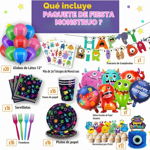 Vista 2 de Suministros de fiesta de monstruos, decoraciones de cumpleaños de monstruo: globos de monstruo, platos de papel, servilletas, tazas, cupcakes
