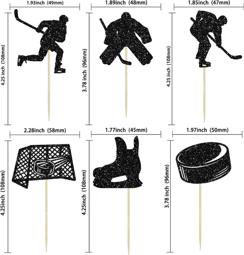 Vista 2 de Gyufise 24 adornos de hockey para cupcakes con purpurina negra, jugadores de hockey con purpurina, selecciones de cupcakes, hockey sobre hielo