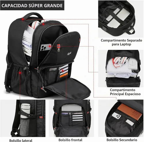 Vista 2 de Mochila para portátil de 17.3 pulgadas, mochila grande para computadora con puerto de carga USB, mochila resistente al agua y resistente para Negro