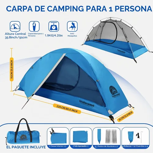 Vista 2 de Tienda de campaña para mochilero de 1/2 persona para camping, tienda de campaña ultraligera e impermeable, tienda de campaña compacta fácil