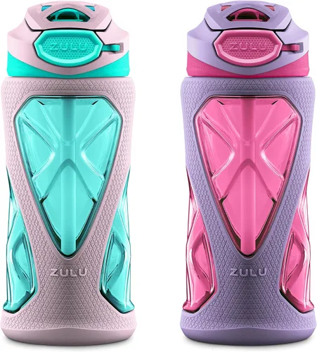 Vista 13 de ZULU Torque 16oz Plastic Kids Water Bottle with Silicone Sleeve and Leak-Proof Locking Flip Lid, Soft Touch Carry Loop for School Backpack
