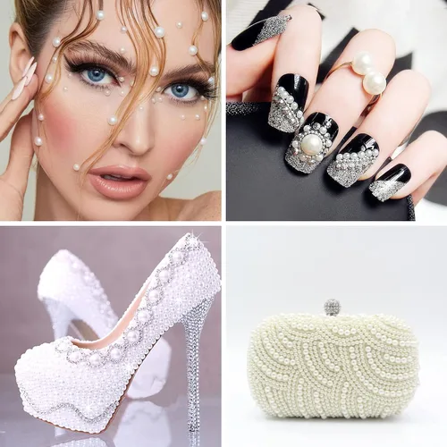 Vista 6 de LOMIMOS 3090 calcomanías de perlas, 4 tamaños, autoadhesivas, beige, parte trasera sintética, decoración de perlas para rostro, belleza, maquillaje