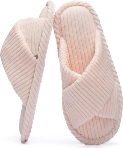 Vista 17 de GOEWY - Pantuflas para mujer con espuma viscoelástica para el hogar, con entretejido de pana, tiras cruzadas, con punta abierta, sandalias cómodas