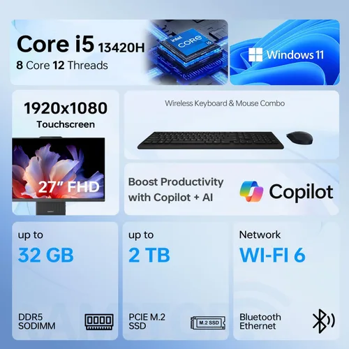 Vista 2 de Lenovo IdeaCentre I Pro Business todo en uno, IA de próxima generación, pantalla táctil FHD de 27 pulgadas, 100 Hz, i5-13420H, 16 GB DDR5 RAM, 1 TB