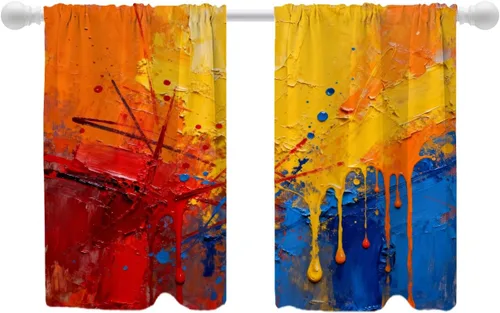 Vista 131 de Shrahala Beige and Orange Abstract Art Brushstrokes Blackout Curtain Tiers, Abstract Oil Paint Kitchen Valance Light Blocking Tier Drapes with Rod