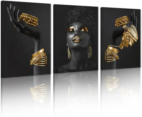 Vista 31 de MAMAGO Lienzo decorativo para pared, pintura de belleza dorada y negra, fotos de mujeres africanas, hermosos pósteres de mujer negra, impresiones