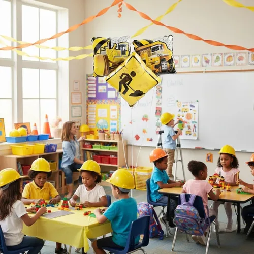 Vista 4 de Construction Zone - Globos de Mylar para decoración de fiestas temáticas de construcción para cumpleaños y eventos de niños, diseño de señal