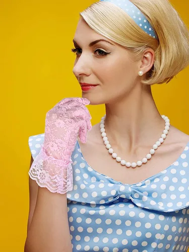 Vista 4 de Guantes de encaje para mujer, guantes de fiesta de té, guantes cortos elegantes hasta la muñeca, guantes florales para cena, boda, fiesta de té