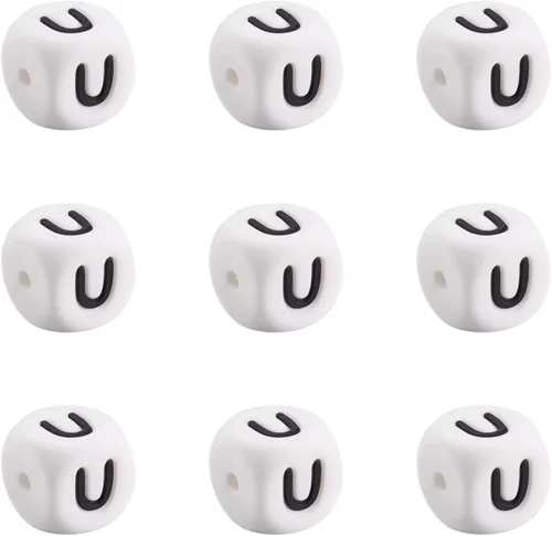 Vista 8 de Mega Pet 10 cuentas de silicona en forma de cubo de silicona con la letra A, cuentas sueltas del alfabeto, cuentas del alfabeto, de 0.472 x 0.472 x