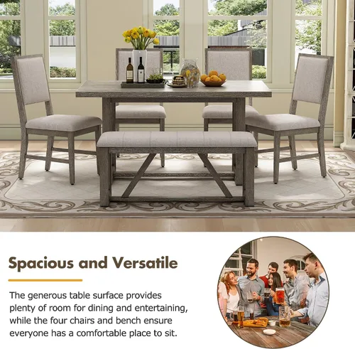 Vista 5 de Merax Juego de sillas de comedor de 6 piezas, mesa rectangular de madera de caucho retro con base de caballete diseñada y 4 sillas tapizadas y 1 Gris