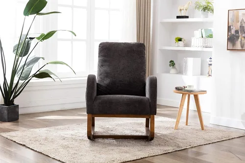 Vista 3 de Mecedora de madera tapizada de tela, silla mecedora de respaldo alto copetuda con asiento y respaldo acolchados, silla mecedora para cuarto de bebé