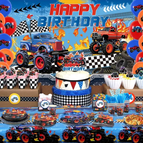 Vista 7 de KEFAN Suministros para fiesta de cumpleaños de Monster Truck, juego de decoraciones de fiesta de camión monstruo que incluye telón de fondo, platos