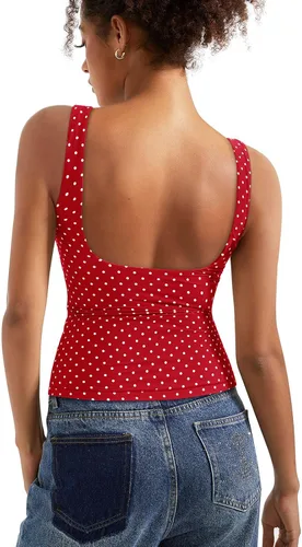 Vista 15 de SUUKSESS Camisetas sin mangas con respaldo abierto y cuello barco acolchado para mujer, con doble forro, camisas básicas Negro (Black Polka Dots)