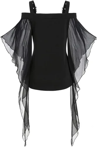 Vista 4 de SHOPESSA Camisas góticas sexys para mujer manga trompeta de malla blusas fluidas color negro para Halloween medieval punk renacentista