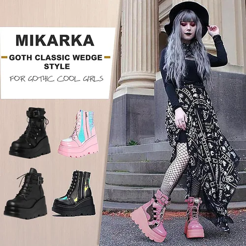 Vista 5 de mikarka Botas holográficas de plataforma para mujer, con cordones al tobillo, con hebilla, góticas, apiladas, de combate, botines de combate
