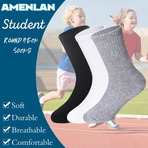 Vista 5 de Calcetines clásicos para niños de 10 pares, de algodón atlético para niños y niñas, básicos, para uniforme escolar, transpirables, casuales