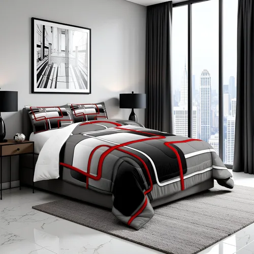 Vista 5 de Castle Fairy Juego de edredón rojo, negro y blanco, tamaño Queen, juego de ropa de cama geométrica abstracta para mujeres, hombres, adultos Multi 01