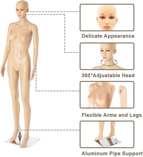 Vista 5 de Bonnlo Maniquí femenino de cuerpo completo, ajustable, forma de maniquí con base de metal, 68 pulgadas, plástico desmontable para exhibiciones