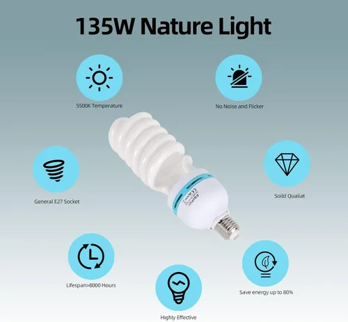 Vista 2 de Bombilla de 135 W 5500 K CFL Bombilla espiral de luz diurna en enchufe E27 para fotografía, fotografía, video, estudio, iluminación, blanco, 1 1