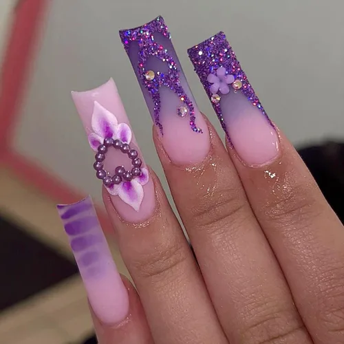 Vista 7 de 24 unidades de uñas postizas largas estilo ataúd CEWEWP con punta francesa marrón, uñas falsas rosas con pegamento, uñas falsas con diseños