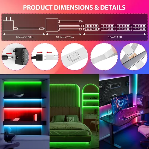 Vista 2 de Tiras de luces LED de 65.6 pies (2 rollos de 32.8 pies), tira de luces RGB que cambia de color 5050 con control remoto IR de 40 teclas, luces