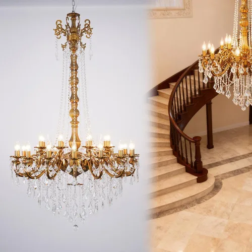 Vista 10 de Candelabros de cristal de bronce antiguo de lujo con lámpara colgante de vela, lámpara de techo de 6 luces de cristal dorado para comedor, sala