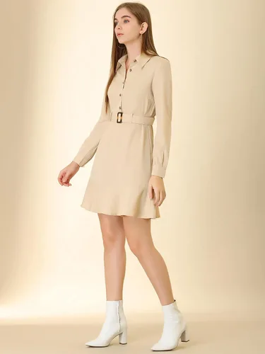 Vista 3 de Allegra K Vestido camisero con cuello de punto y volantes para mujer