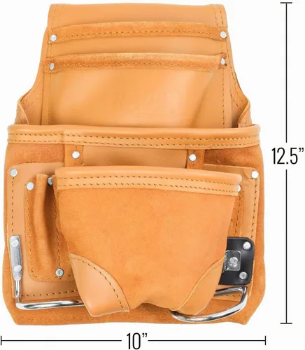 Vista 4 de Bolsa de herramientas de cuero resistente de 10 bolsillos para carpintería, electricista, herramientas de contratista, 12 x 10 pulgadas