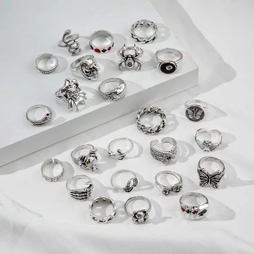 Vista 8 de KISS WIFE Vintage Silver Goth Punk Rings Set for Men Women Girls Cool Gothic Ring Pack Chunky Stackable Knuckle Finger Rings Bulk Adjustable Open