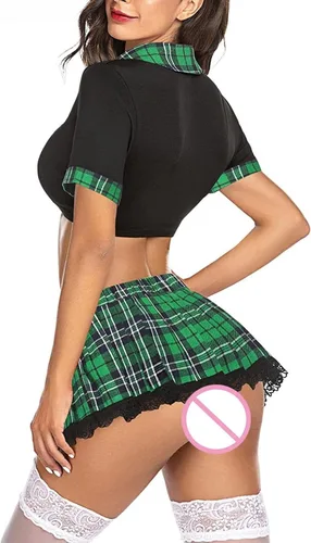 Vista 5 de Conjunto de lencería para mujer con camiseta corta y minifalda a cuadros
