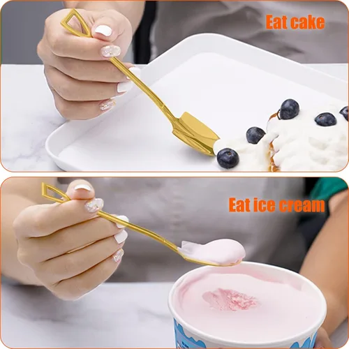 Vista 4 de Cucharas con forma de pala dorada, cucharas de acero inoxidable para té, café, azúcar, mini pala, forma de café, helado, cucharas de postre