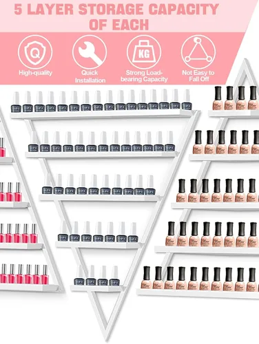Vista 5 de Lorvain - 10 estantes de almacenamiento de esmalte de uñas de metal para montaje en pared, 5 niveles, color blanco, triangular, vitrina