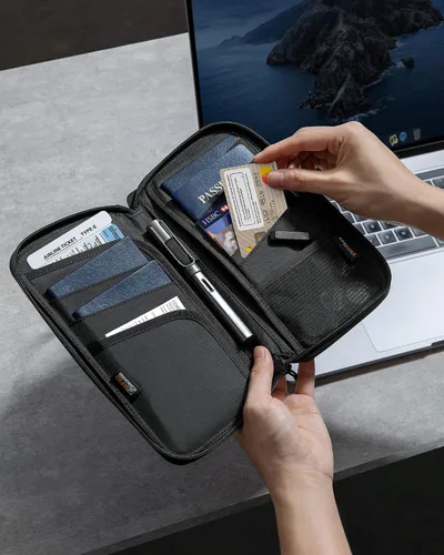 Vista 6 de tomtoc Soporte para pasaporte familiar con un soporte para tarjeta SIM y pasador de expulsión, cartera de viaje con bloqueo RFID y tarjetero