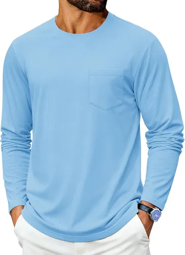 Vista 23 de Cotrasen Camisetas de manga larga para hombre de algodón con cuello redondo, camisetas T con bolsillo que absorben la humedad, suaves, cómodas