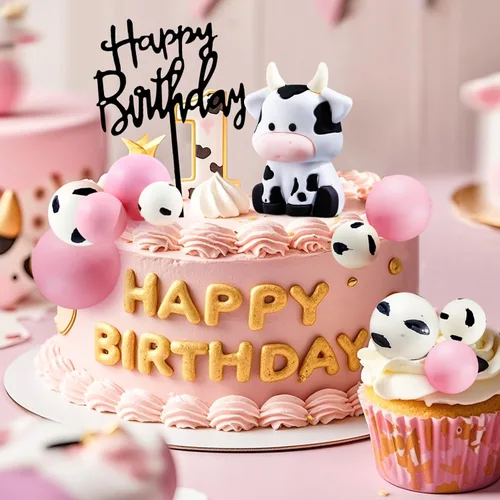 Vista 4 de Paquete de 12 adornos para tartas de vaca, linda figura de animales de granja con bolas, feliz cumpleaños para baby shower, niños, fiesta