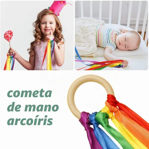 Vista 5 de WILLBOND Cometa de mano arcoíris de 3 piezas, cintas de muñeca de cinta, varita de viento bailarina con anillo de madera, juguetes educativos