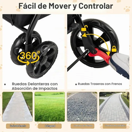 Vista 9 de PETSITE Cochecito para perros de 4 ruedas, cochecito plegable para gatos con entradas dobles, rampa, ventanas de malla, toldo ajustable