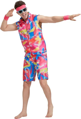 Vista 3 de Disfraz de entrenamiento Ken de los años 80 para hombres y mujeres, ropa de playa, traje de pareja, Halloween y cosplay