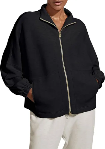 Vista 4 de Esobo Sudaderas con cremallera para mujer, chaqueta casual de manga larga, holgada, con bolsillos