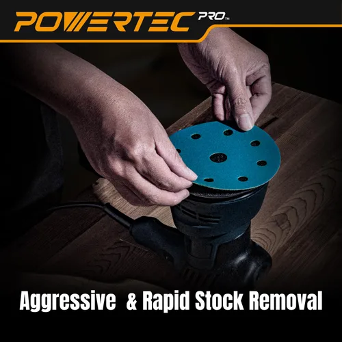 Vista 3 de POWERTEC PRO 45900C-45 - Disco de lijado surtido de 9 agujeros de 5 pulgadas, grano 80/120/220, discos de respaldo de gancho y bucle de cerámica