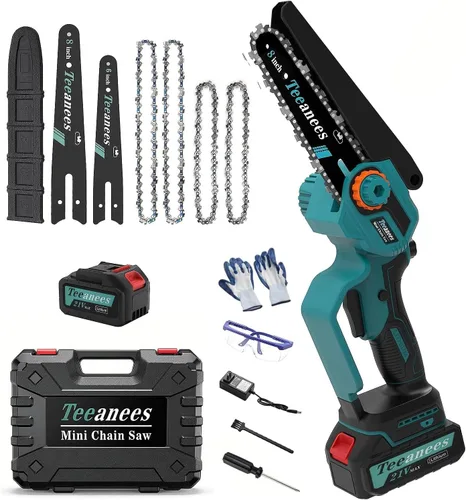Vista 8 de Motosierra eléctrica inalámbrica de 8 pulgadas con baterías de 2 x 4.0 AH, motosierra de mano a batería para poda de árboles, corte de madera y Azul